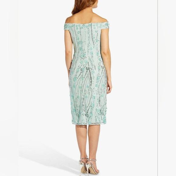 Adrianna Papell Embroidered Off Shoulder Tailored Dress, Sea Glass size 16P new - Picture 11 of 13